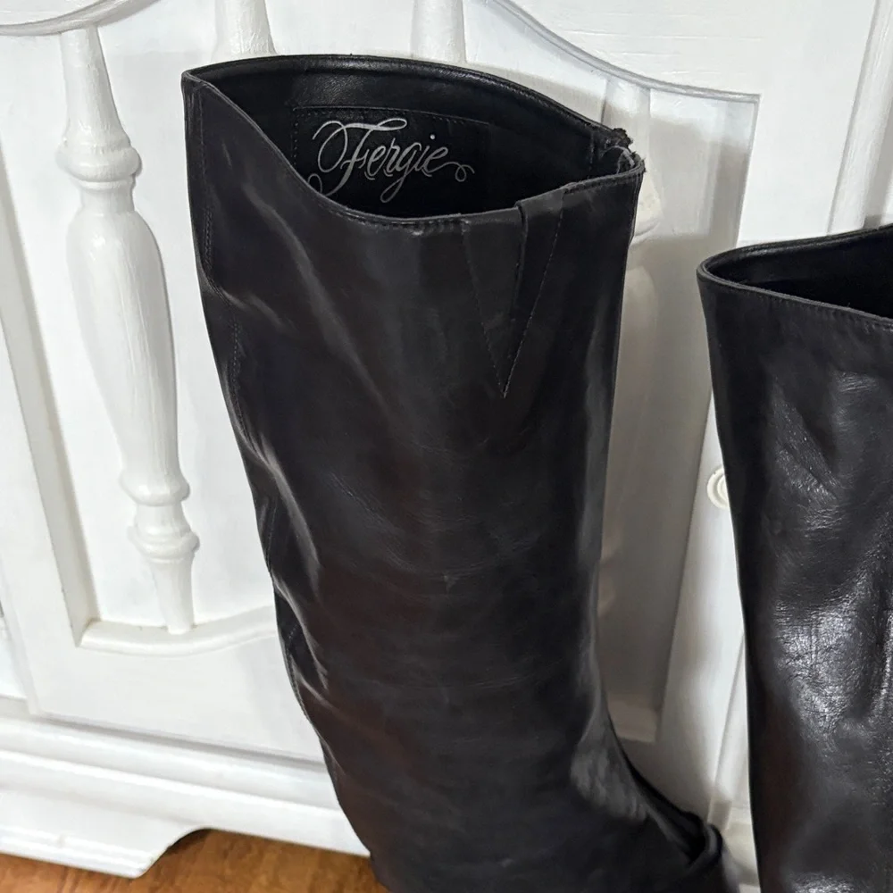 Fergie Black Leather Over-the-Knee Buckle Boots